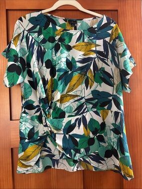 Worthington Tropical Leaf Knot-Front Blouse in Green, Blue & Yellow